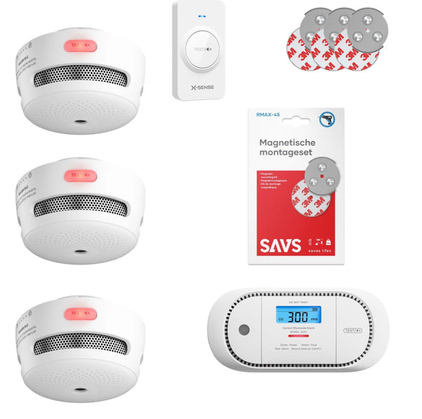 X-Sense Complete Veiligheidspakket – 3 Slimme Rookmelders + CO-Melder + Afstandsbediening + Magnetische Montage
