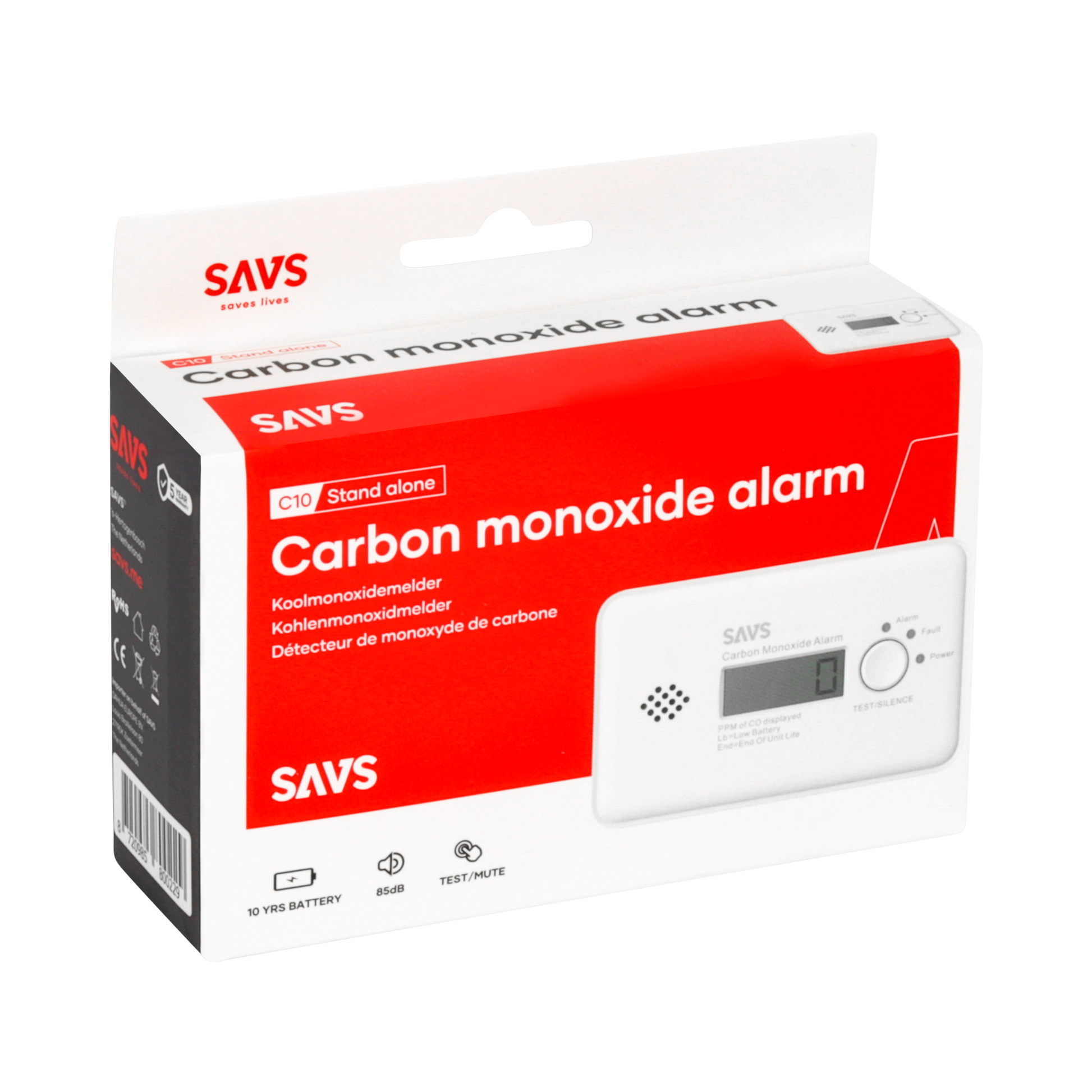 SAVS C10 Koolmonoxidemelder – Stand‑alone 10 jaar + LCD‑display