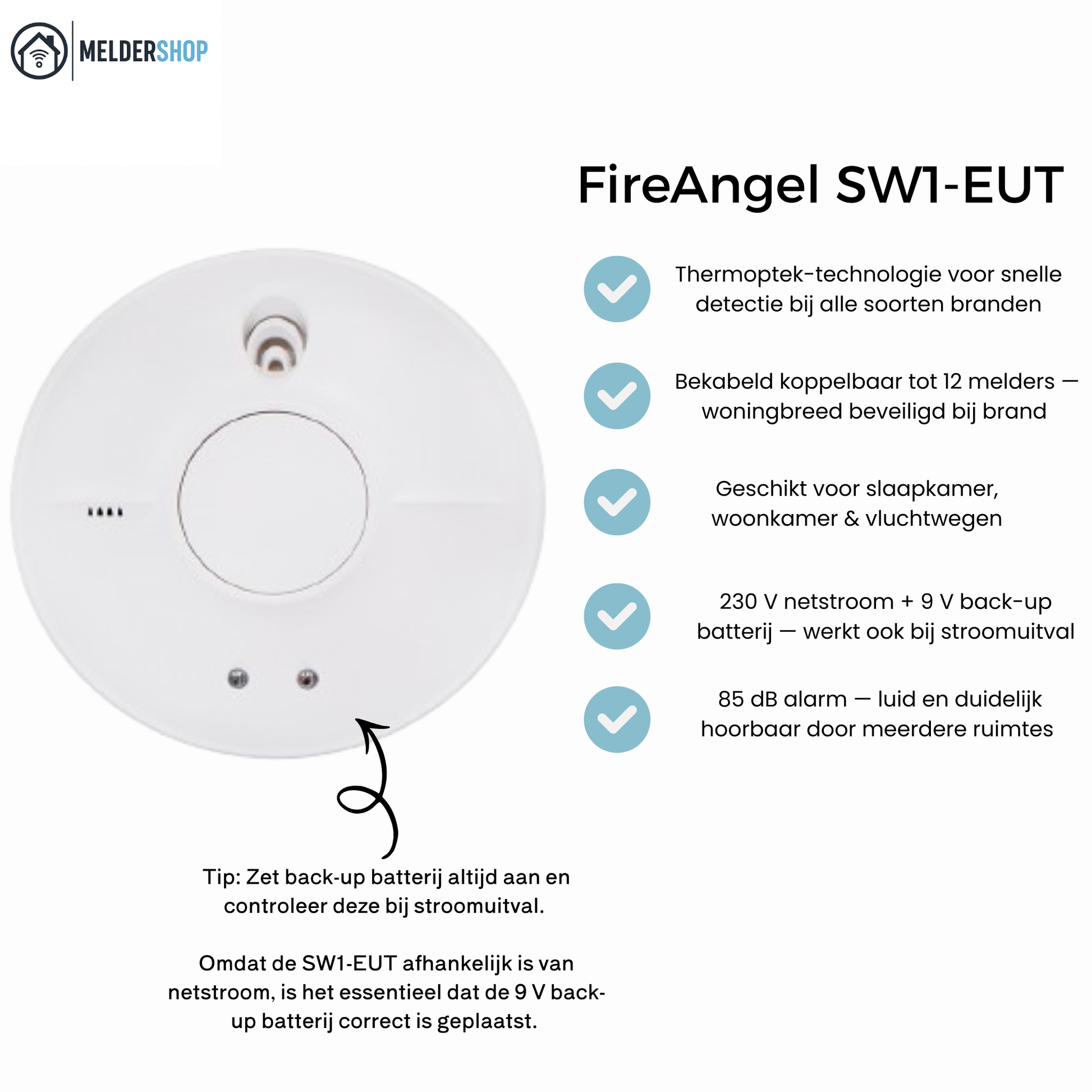 FireAngel SW1-EUT – Rookmelder op Netstroom met Back-up Batterij 230V